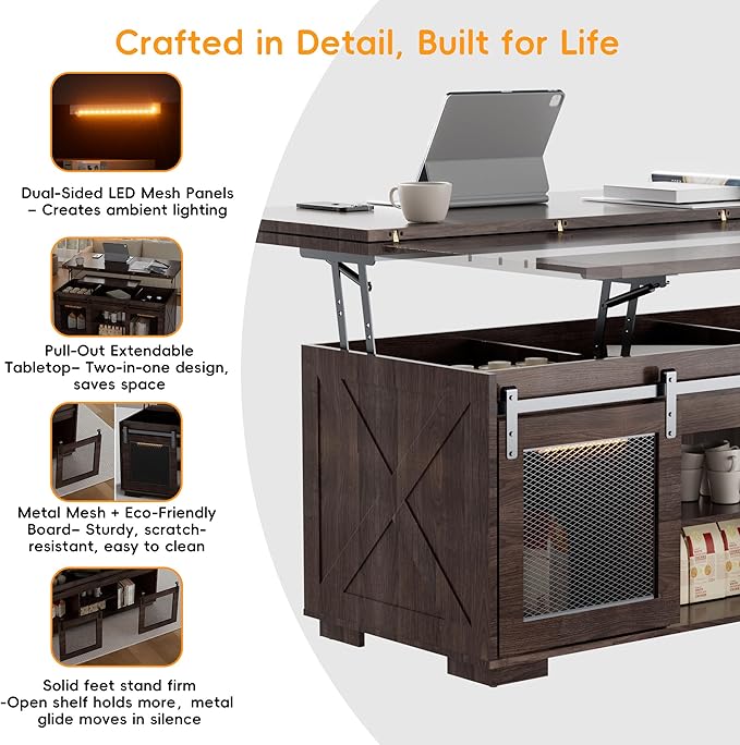 Upgraded Coffee Table with Lifting Top And Sliding Doors, Thick Panels, Industrial Metal Mesh Sides, Dual LED Accent Lights, Large Storage Center farmhouse square Table for Living Room, Dusk Walnut