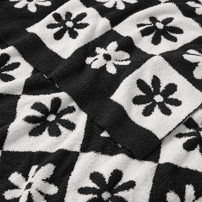 Snuggle Sac Checkered Blanket, Black Flower Throw Blanket for Couch Plaid Microfiber Fluffy Warm Cozy Fuzzy Soft Throw Blanket Reversible Checkerered Blankets for Sofa, Chair, Bed, 50x60 inches