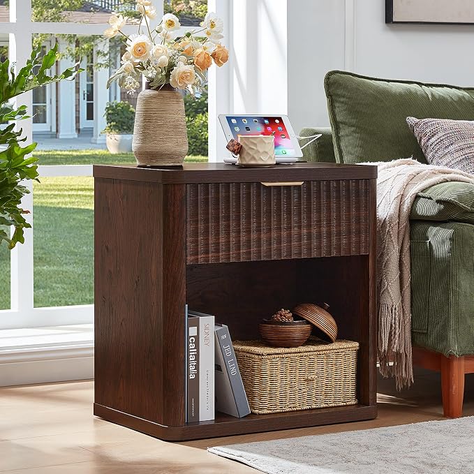 LEYAOYAO Fluted Farmhouse Nightstand Set of 2 with Charging Station, 23" Wide 1 Drawers Night Stand,Walnut Dresser for Bedroom,Bed Side Table Chest of Drawers,Wood End Table for Living Room - Image 2