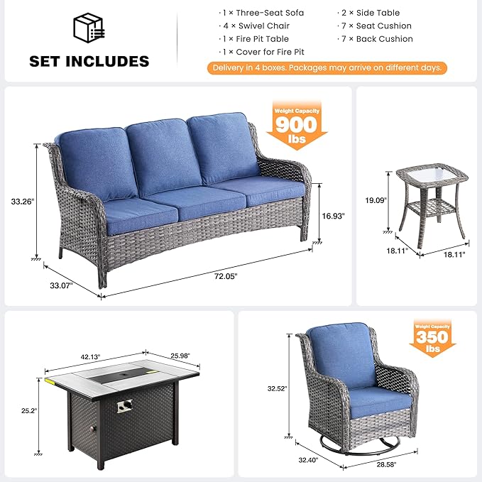 ovios 8-Piece Patio Furniture Set with Swivel Chairs Coffee Table, Outdoor Wicker Sofa with 42" Fire Pit Table, High Back Couch Modern Conversation Sets, Grey/Denim Blue