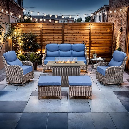 Luxury High Back Outdoor Furniture with 6-inch Extra Thick Cushions, Patio Furniture Set with Fire Pit Table & Swivel Chairs, 7 PCS Wicker Conversation Set for Yard, Deck, Poolside, Brown/Blue