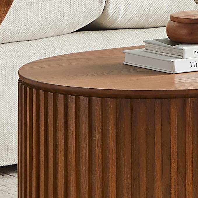 51.18'' Oval Coffee Table for Living Room Fluted Center Table with Drawer, Mid Century Modern Coffee Tables, Easy Assembly for Office Storage Tea Table Brown