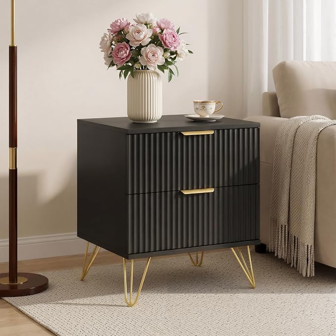 Black Fluted Nightstand Set of 2, Modern Bedside Table with 2 Drawers and Gold Legs, 19.7’’ Night Stand Wood End Table for Bedroom - Image 6