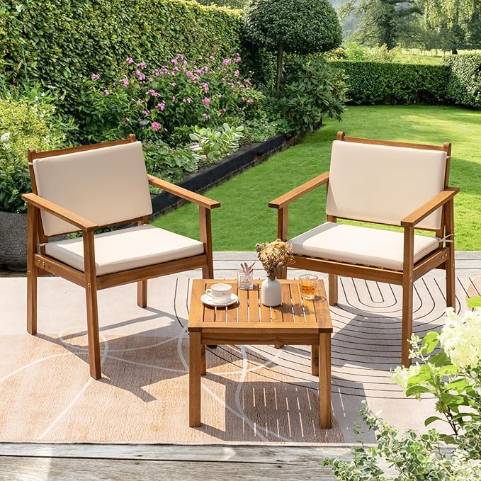 Greesum Outdoor Patio Furniture, 3 Piece Bistro Sofa Set with 1 Coffee Table and 2 Chairs, Acacia Wood Conversation Sets with Cushions, for Garden, Backyard, Poolside, White