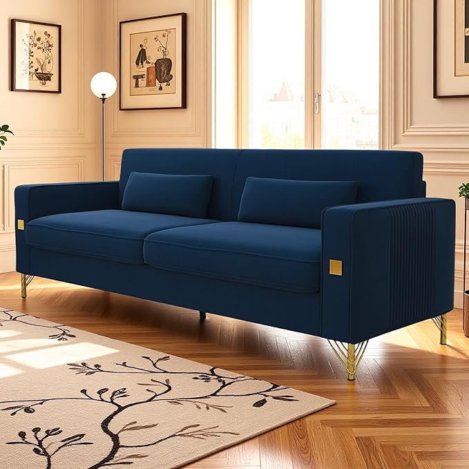 KEIKI 86" Oversized Luxury Velvet Sofa with Armrest and Removable Plush Cushions, Gold Accents 3-Seater Couch with Solid Legs, Easy Assembly, for Living Room, Bedroom, Apartment, Blue