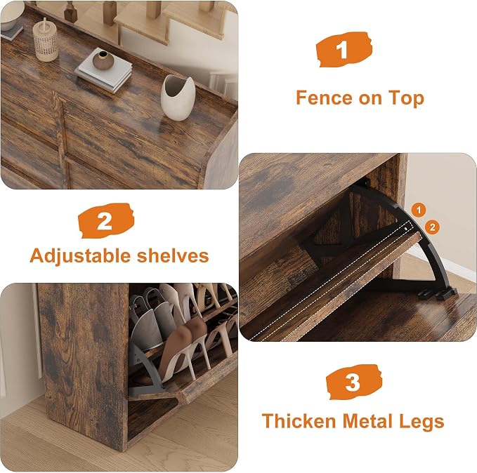 GarveeHome Shoe Cabinet with 6 Flip Drawers, Wooden Shoe Organizer Cabinet with Adjustable Shelf, Shoe Storage for Entryway, Hidden Shoe Cabinet for Hallway, Living Room, Rustic Brown - Image 5