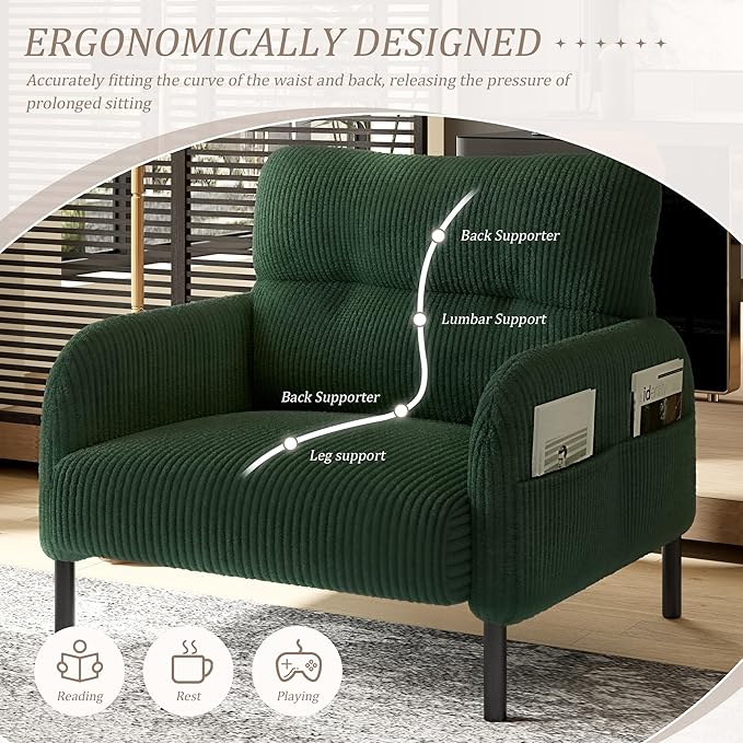 KEIKI 26" Corduroy Single Sofa Chair with Double Side Pockets & High Resilience Cushion, Modern Ergonomic Design Upholstery Oversized 1-Seater Accent Chair, Easy Assembly, for Living Room, Emerald
