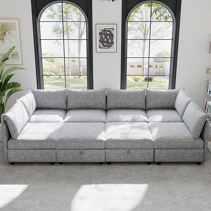 Oversized 8 Seater Modular Storage Sectional Sofa Customizable Seating Group Sofa&Couch Convertible Sleeper Sofabed W/Movable Ottoman & Seat, U-Shaped Chenille Upholstered Sofa Couch for Living Room