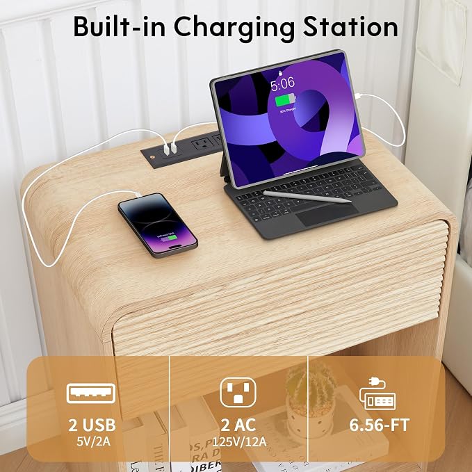 XUZENEST Fluted Nightstand Set of 2 with Charging Station, Modern Bed Side Table End Table with Drawer Storage, Large Wooden Night Stands Bedside for Bedroom Living Room Sofa Office, Natural 2 Sets - Image 4