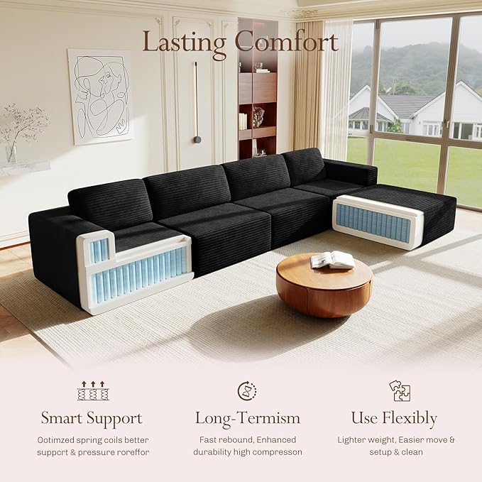 Vesgantti 159" Large Modular Sectional Sofa, L-Shaped Corduroy Cloud Couch with Deep Seats & Spring Support, 4-Seater Boneless Sofa with Movable Ottoman, No Assembly Needed, Black