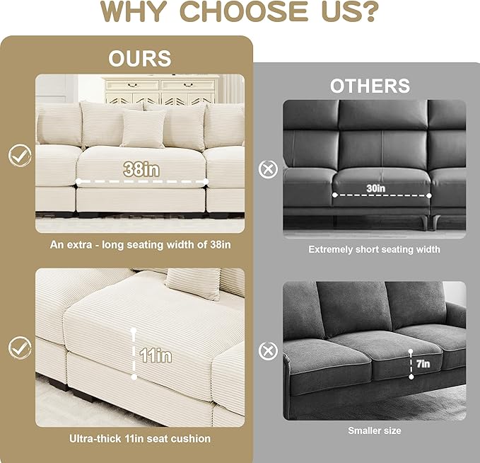 KEIKI 146" U-Shaped Oversized Corduroy Modular Cloud Sectional Sofa with 1 Ottoman, High-Density Foam Cushion, Extra-Thick Armrest, 5-Seater Fluffy Corner Couch with 18 Pillow, for Living Room, Beige