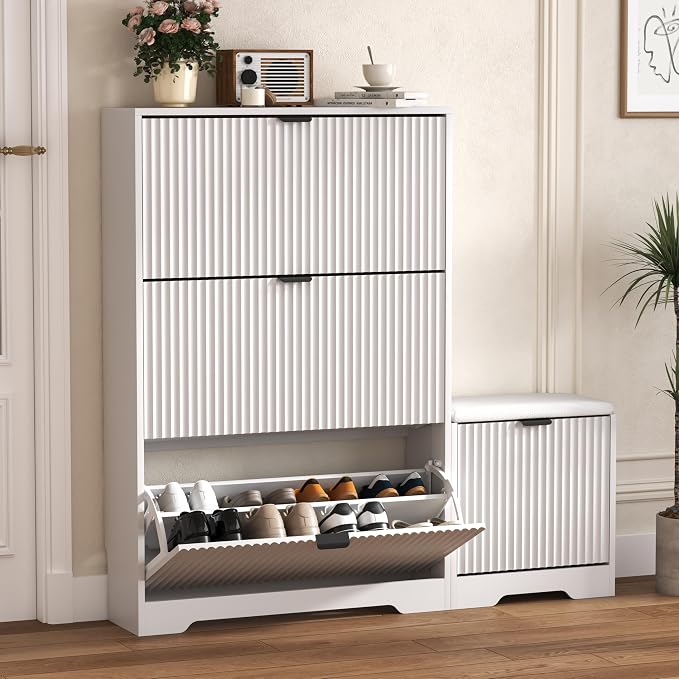 HUANLEGO Shoe Cabinet Storage for Entryway with 4 Flip Drawers, White Fluted Shoe Cabinet with Bench, Wooden Hidden Shoe Rack Freestanding Narrow Slim Shoes Storage Organizer for Hallway, Entrance by HUANLEGO