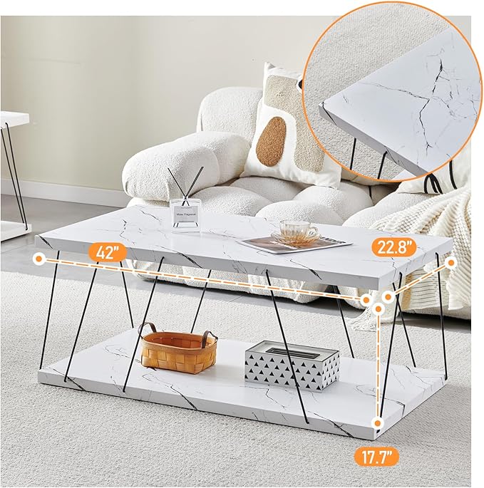 Btrpily Wooden Coffee Table - Modern Marble Coffee Table， Contemporary, Stylish, High-End Furnishing for Your Living Room (White Marble, Rectangle)