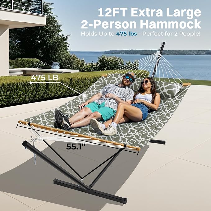 SUPERJARE Hammock with Stand, 2 Person Quilted Outdoor Hammock, Detachable Pillow & Bamboo Spreaders, Portable with Carrying Bag, Heavy Duty Stand, Perfect for Outside, Patio, Grey with White Flower - Image 3
