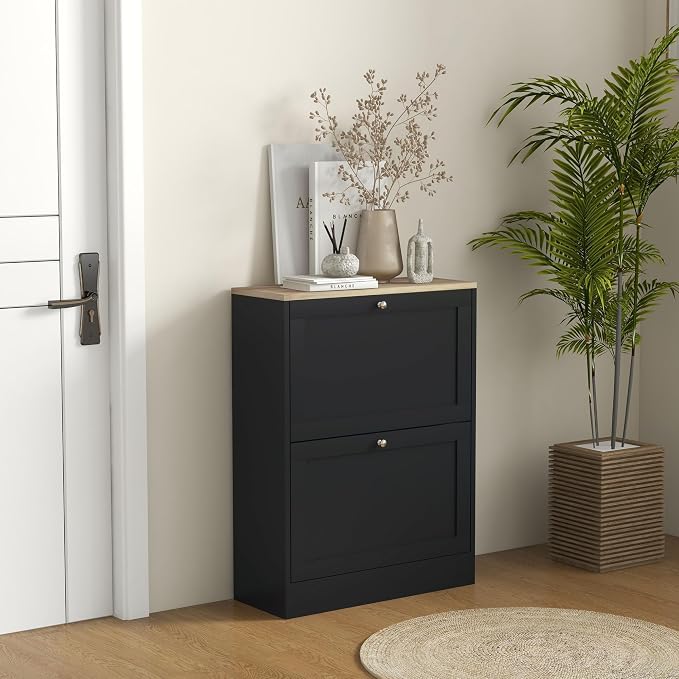 HOMCOM Shoe Storage Cabinet with 2 Flip Drawers, Wooden Freestanding Shoe Organizer with Adjustable Shelves for Entryway, Hallway, Black - Image 2