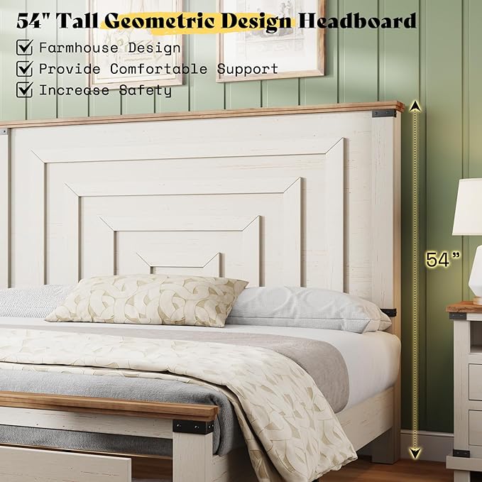 AMERLIFE 2 Pieces Farmhouse Bedroom Set, Includes Wood Rustic Queen Size Bed Frame with 54" Tall Headboard, 48" Tall 5 Drawers Dresser Chest, Heavy Duty Thick Plank Styling, Antique White