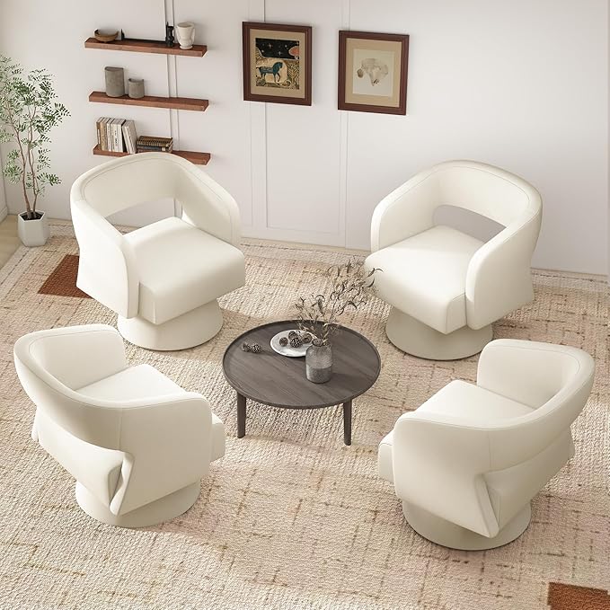 Nebuaegis Swivel Accent Chair Set of 4, Modern Comfy Chenille Barrel Chairs, Oversized Upholstered Round Arm Chair for Living Room, Bedroom, Reading Room, Beige