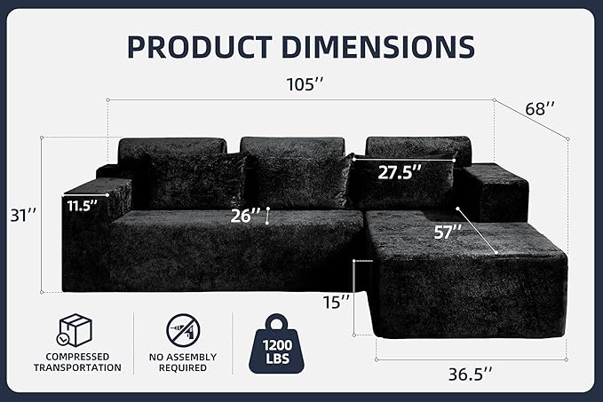 Homguava Modular Sectional Couches for Living Room,105" Cloud Couch with L-Shape Chaise,Comfy Sofa Living Room Couch with Deep Seat,No Assembly L Couch,Luxury Distressed Velvet(Black,R)