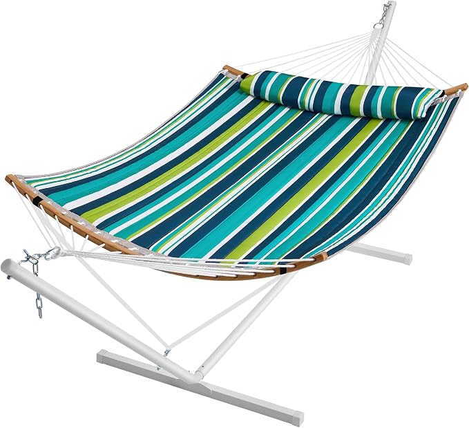 SUPERJARE Curved-Bar Hammock with Stand, 2 Person Heavy Duty Hammock Frame, Detachable Pillow & Portable Carrying Bag, Perfect for Outdoor & Indoor, Blue-Green Stripe by SUPERJARE