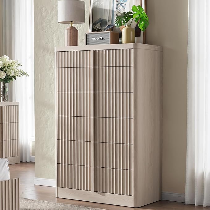 Fluted Dresser and Nightstand 3-Piece Bedroom Set, 49" Tall 6-Drawer Dresser and 2 of 3-Drawer Nightstands with Charging Station, Curved Profile Design, Modern Bedroom Dressers Sets, White Alder