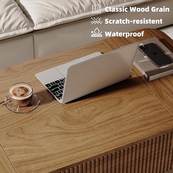 47.2” Modern Coffee Table Wooden Fluted Lift Top Coffee Table with Hidden Compartment, Mid Century Modern Rectangle Center Tables with Lifting Tabletop & 2 Storage Drawers for Home Living Room Walnut
