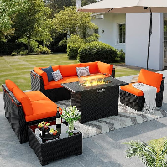 8 Pieces Outdoor Patio Furniture Set with 44" Fire Pit Table Black Rattan Sectional Conversation Sets w/Gas Fire Pit, Coffee Table, 2 Waterproof Covers, Orange