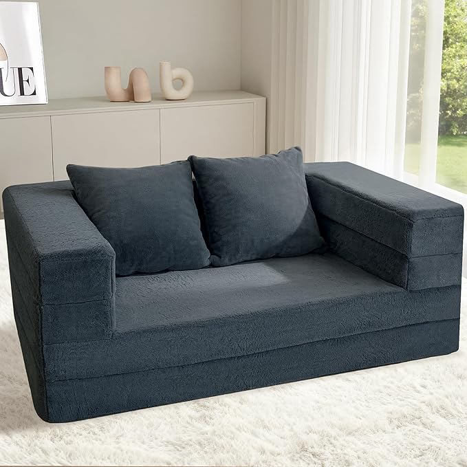 Futon Sofa Bed with Pillow, 3-in-1 Sleeper Sofa Bed with Removable Cover, Convertible Floor Sofa Bed, No Assembly Boneless Couch for Living Room, Bedroom