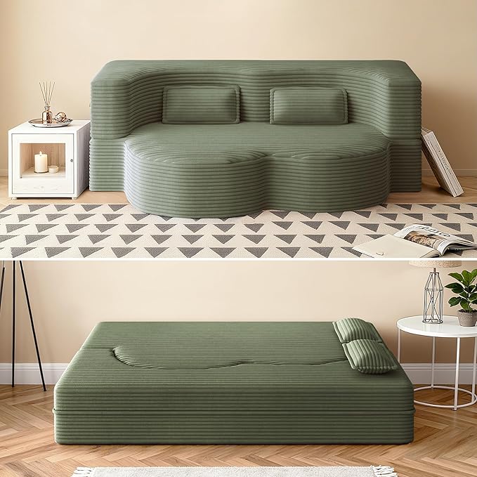 78" Convertible Sofa Bed, 2-in-1 Folding Floor Couch with 2 Pillows, Sleeper Sofa for Living Room and Bedroom, No Assembly Required (Green, Corduroy Fabric)