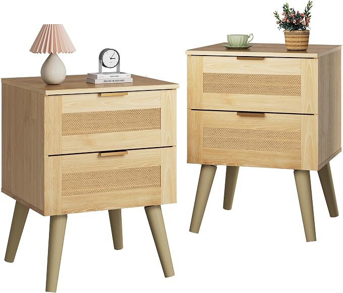 WLIVE Wooden Nightstands Set of 2, Rattan Night Stand with 2 Drawers, Boho Nightstand with Solid Legs, Bed Side Table for Bedroom, Living Room, Natural Oak by WLIVE