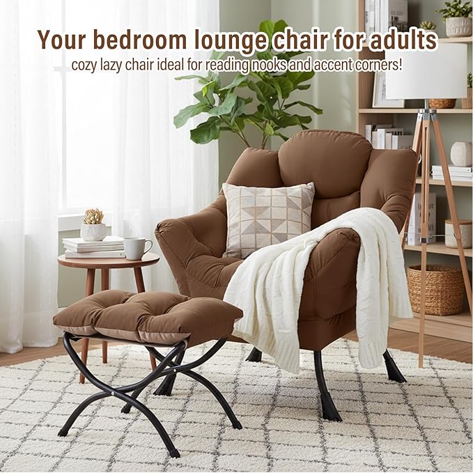 Furlide Lazy Chair with Ottoman, Modern Accent Chairs with Folding Footrest, Dark Brown Sofa Chair Set, Comfortable Reading Chairs, Oversized Armchairs for Bedroom, Study, Living Room, Courtyard