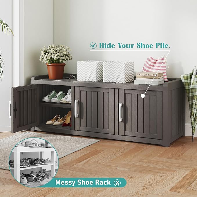 NUNU LAB Shoe Storage Cabinet, Waterproof Shoe Organizer with Adjustable Shelves, UV-Resistant Entryway Shoe Cabinet Bench with 3 Barn Doors for Indoor Outdoor, Foyer, Hallway, Living Room,Grey - Image 5