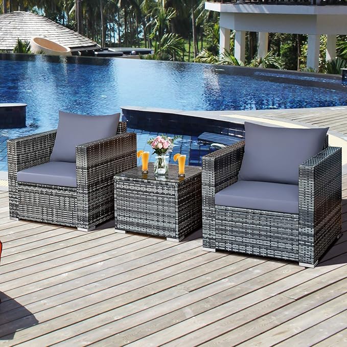 Tangkula 3 Pieces Patio Furniture Set, PE Rattan Wicker Sofa Set w/Washable Cushion and Tempered Glass Tabletop, Outdoor Conversation Furniture for Garden Poolside Balcony