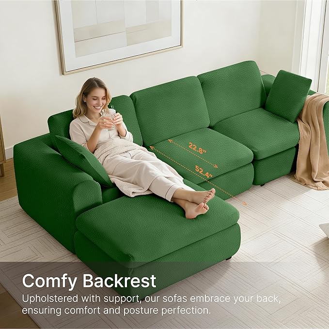 138" Boneless Cloud Couch Sectional No Assembly Required Modular Sofa with Deep Seat for Living Room U Shaped Couch with Ottoman Snowflake Fabric and Memory Sponge Moss Green