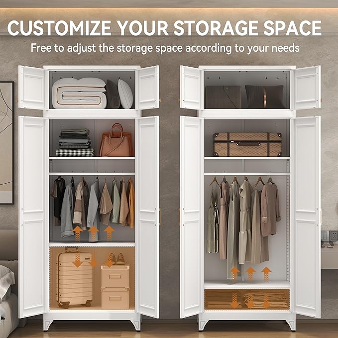 Polup Metal Armoire Closet, 86 Inch Tall Wardrobe Armoire with Hanging Rod, Almirah for Clothes with Doors, 18" D x 32" W x 86" H, White, Assemble Required, Shipped in Two Packages
