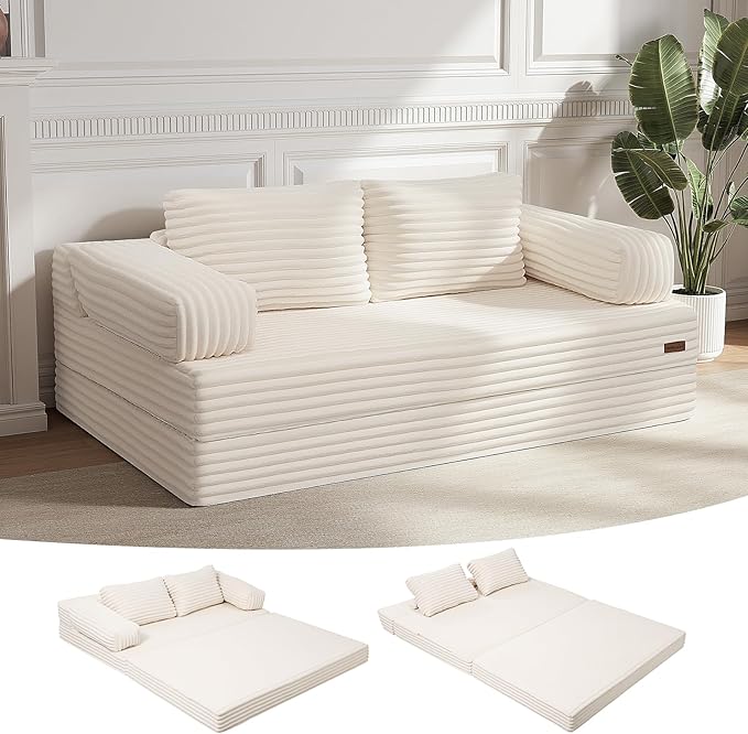 MeMoreCool Convertible Sofa Bed, Folding Floor Couch Bed Queen, Pull Out Sleeper Couch with Pillows, Fold Out Futon Sofa for Bedroom Living Room Small Space, Corduroy Beige