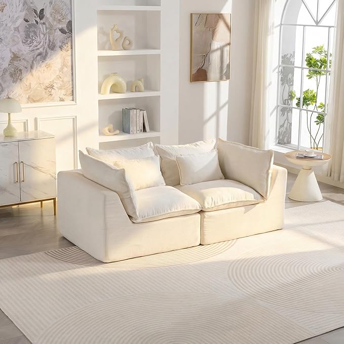 Chenille Modular Sectional Sofa Couch, Boneless Loveseat Cloud Couch for Living Room, Upholstered Compression Sofa in A Box w/Layers Seat Cushions, No Assembly Required | Plush, Wider Armrest
