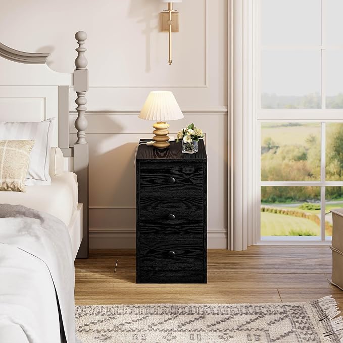 LIKIMIO Nightstand with Charging Station, Narrow Bedside Table with 3 Drawers, End Table with USB Ports and Outlets, Side Table for Living Room/Bedroom Modern - Image 8