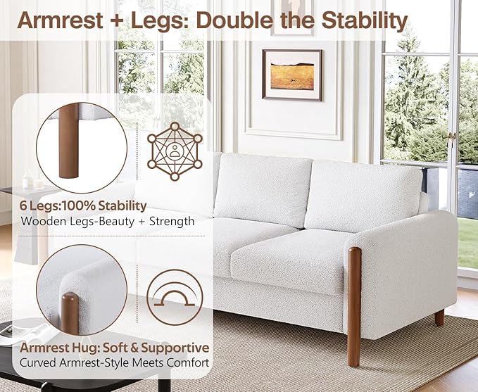 Christopher Knight Home Yadil Teddy Fleece Upholstered 3 Seater Sofa Couch, Wooden Home Sofa Living Room, Comfy Cloud Couch for Bedroom, Home Office, Cream White