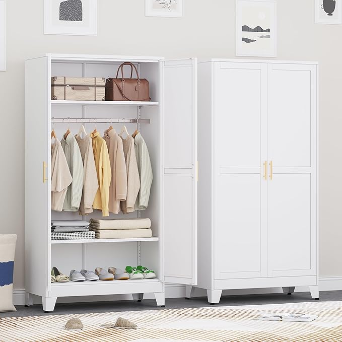 Ckzbx 71" H Metal Armoire Wardrobe Closet, Adjustable Shelve, Clothes Drying Pole, Steel Wardrobe Cabinet for Bedroom (White)