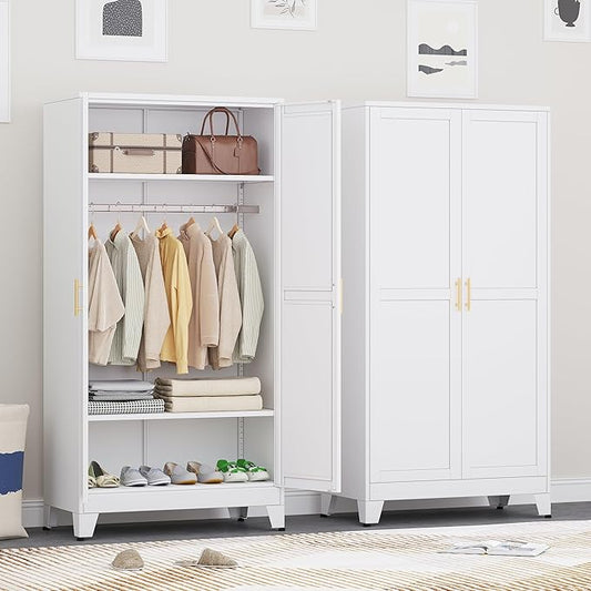 Ckzbx 71" H Metal Armoire Wardrobe Closet, Adjustable Shelve, Clothes Drying Pole, Steel Wardrobe Cabinet for Bedroom (White)