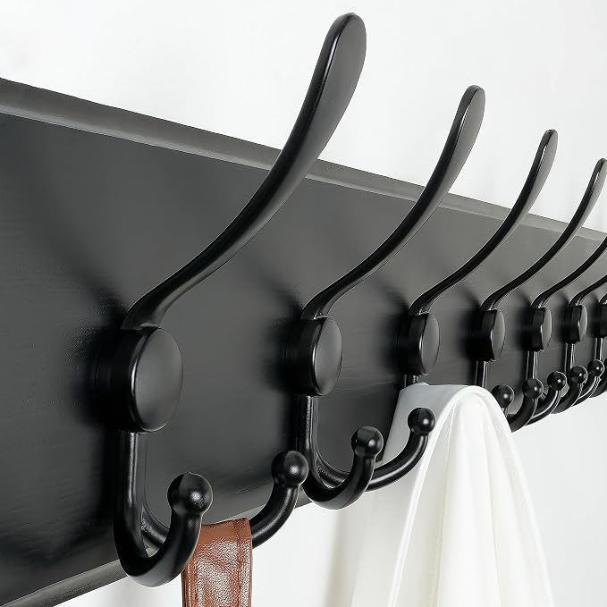 SKOLOO Coat Rack Wall Mounted - 38.3'' Long, Wooden, Heavy Duty, Rustic Coat Hooks for Wall, 16'' Hole to Hole, Wall Coat Rack with 10 Triple Hooks for Hanging Clothes, Jacket, Hat(Black) - Image 3