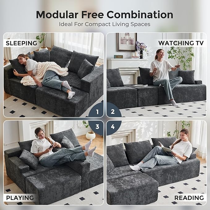 Boneless Couch, L Shaped Cloud Sectional Couches for Living Room, Comfy Fluffy Modular Sectional Sofa, Deep Seat Memory Foam Lounger with Left Facing Chaise, Free Combination, Grey