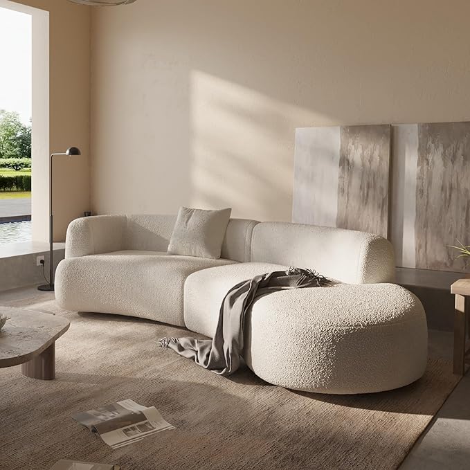 Acanva Modern Curved Sectional Living Room Couch, Minimalist Comfy Boucle Fabric Modular Sofa for Apartment, Home Office, 114" W Right Hand Facing, White
