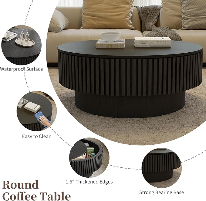 Round Coffee Table with Storage, Modern Fluted Wood Coffee Tables with Sturdy Base, 31.5" Drum Circle Center Tea Table for Living Room Apartment, Easy Assemble - Black