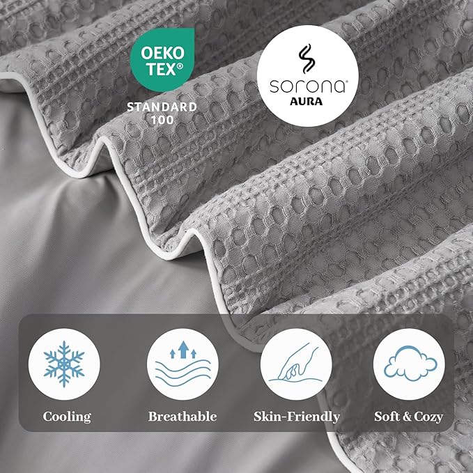Amélie Home Waffle Cooling Comforter King Size, Q-Max 0.45 Reversible Lightweight Cooling Blanket for Hot Sleepers, Breathable Bedding for Night Sweats, 106"x90", Cool Gray