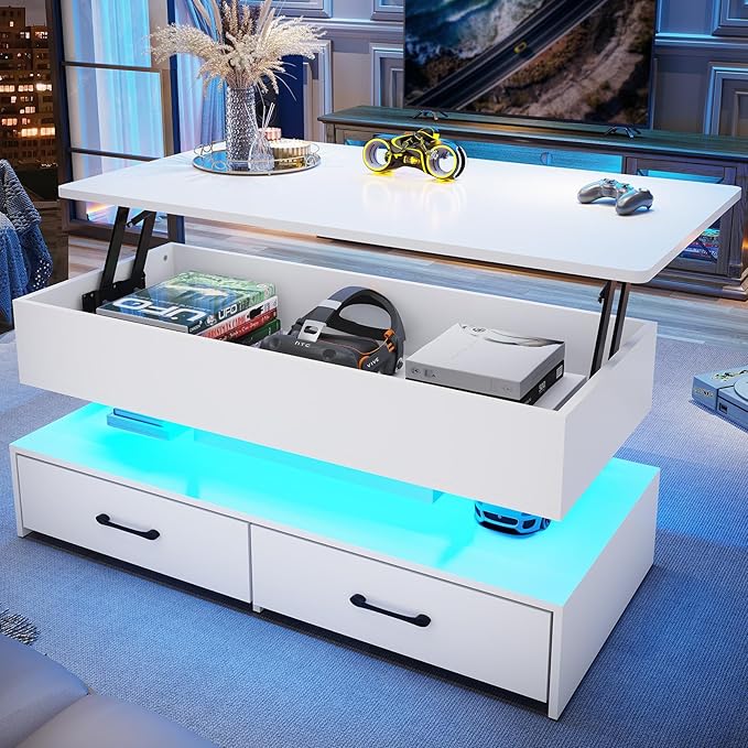 SEDETA 40" Lift Top Coffee Table, Coffee Tables with Storage for Living Room, Small Coffee Table with 2 Drawers & LED Light for Dining Reception Room, White