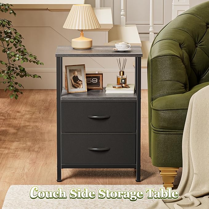 Huuger Night Stand with 2 Drawers, Bed Side Table with Open Shelf, Wooden Top, Nightstand for Bedroom, End Table for Small Space, Fabric Drawer, Grey - Image 6