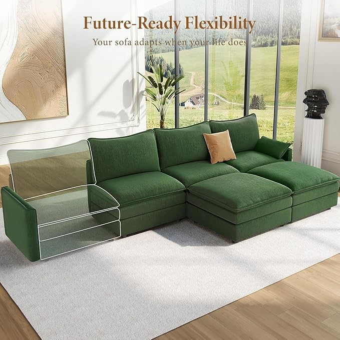 Vesgantti 108" U Shaped Sectional Couch, Comfy Cloud Modular Sectional Sofa with 2 Ottoman Deep Seat Chenille Modern Cloud Sofa, Modular Sofas for Living Room, Bedroom and Apartment, Green
