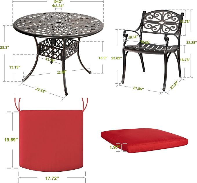NUU GARDEN 5 Piece Outdoor Patio Dining Set, 42" Cast Aluminum, Round Patio Dining Table with 2.24" Umbrella Hole and Patio Dining Chairs with Cushions for Garden, Balcony, Bronze and Red - Image 6