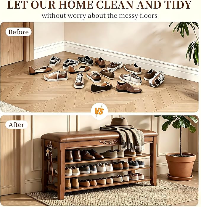 Shoe Rack Bench Entryway Storage with Leather Cushion, Shoe Organizer Bench for Entryway, Front Doors Entrances Hallway,Mudroom,Closet, Bedroom,Solidwood 3 Height-Adjustable Removable Shelve,31.5" - Image 7